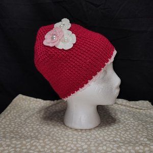 NWT Women's Hand-Crafted Crocheted Vibrant Pink Beanie with Flowers